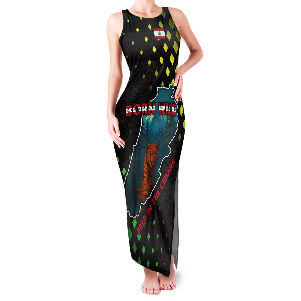 Lebanon Wild Cedar Forest Tank Maxi Dress with Leopard and National Map Design