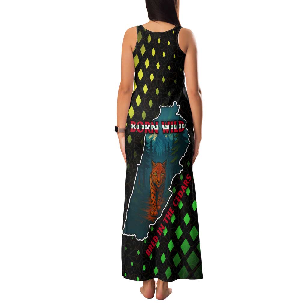 Lebanon Wild Cedar Forest Tank Maxi Dress with Leopard and National Map Design