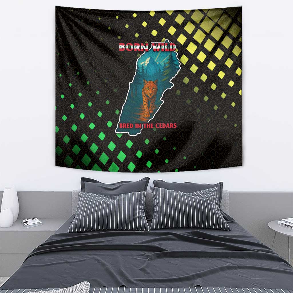 Lebanon Wild Cedar Forest Tapestry with Leopard and National Map Design