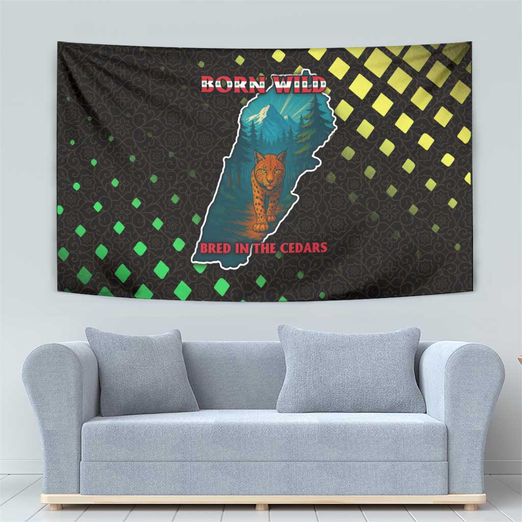 Lebanon Wild Cedar Forest Tapestry with Leopard and National Map Design
