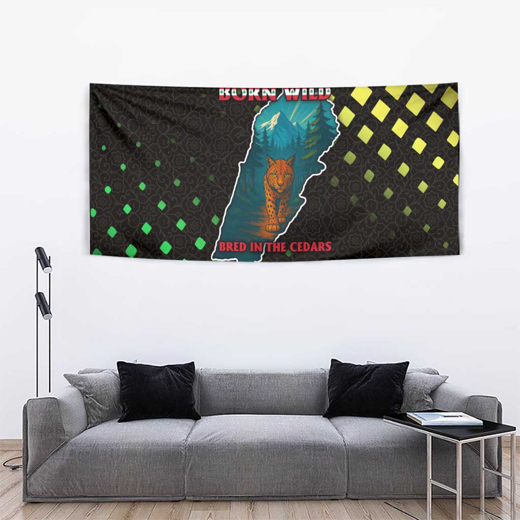 Lebanon Wild Cedar Forest Tapestry with Leopard and National Map Design