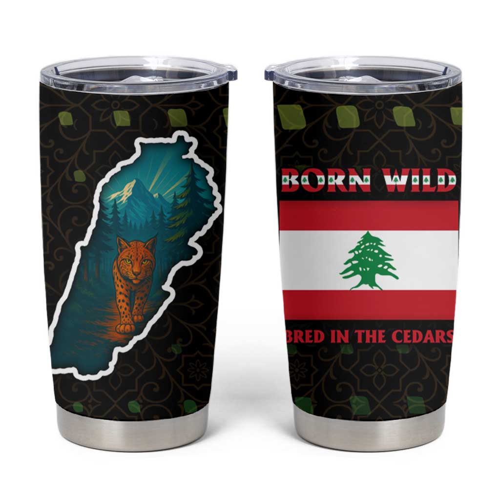 Lebanon Wild Cedar Forest Tumbler Cup with Leopard and National Map Design