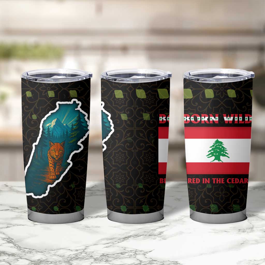 Lebanon Wild Cedar Forest Tumbler Cup with Leopard and National Map Design