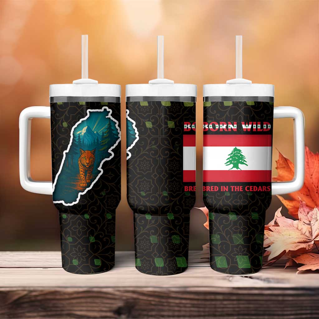Lebanon Wild Cedar Forest Tumbler With Handle with Leopard and National Map Design