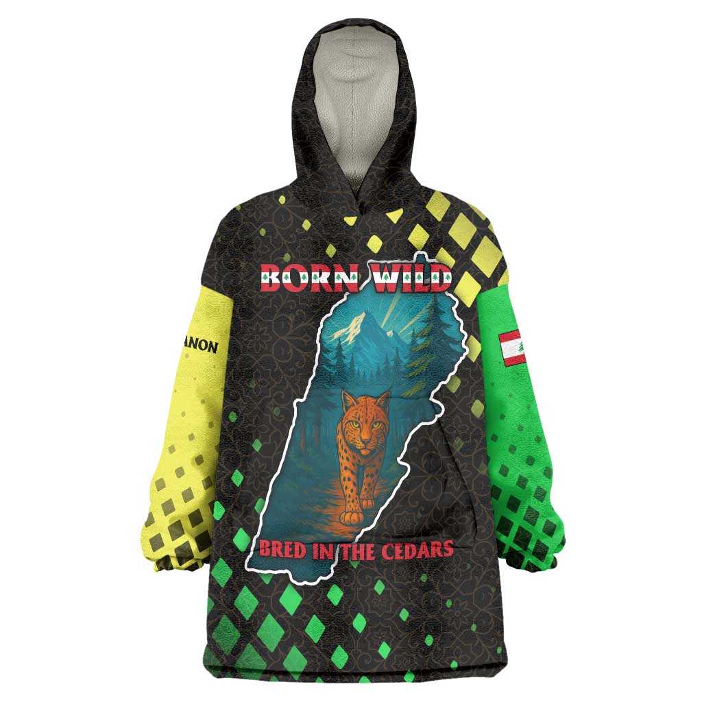 Lebanon Wild Cedar Forest Wearable Blanket Hoodie with Leopard and National Map Design