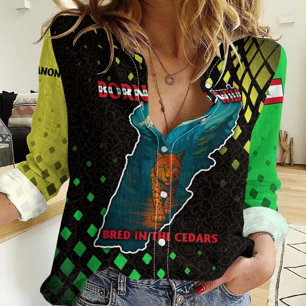 Lebanon Wild Cedar Forest Women Casual Shirt with Leopard and National Map Design