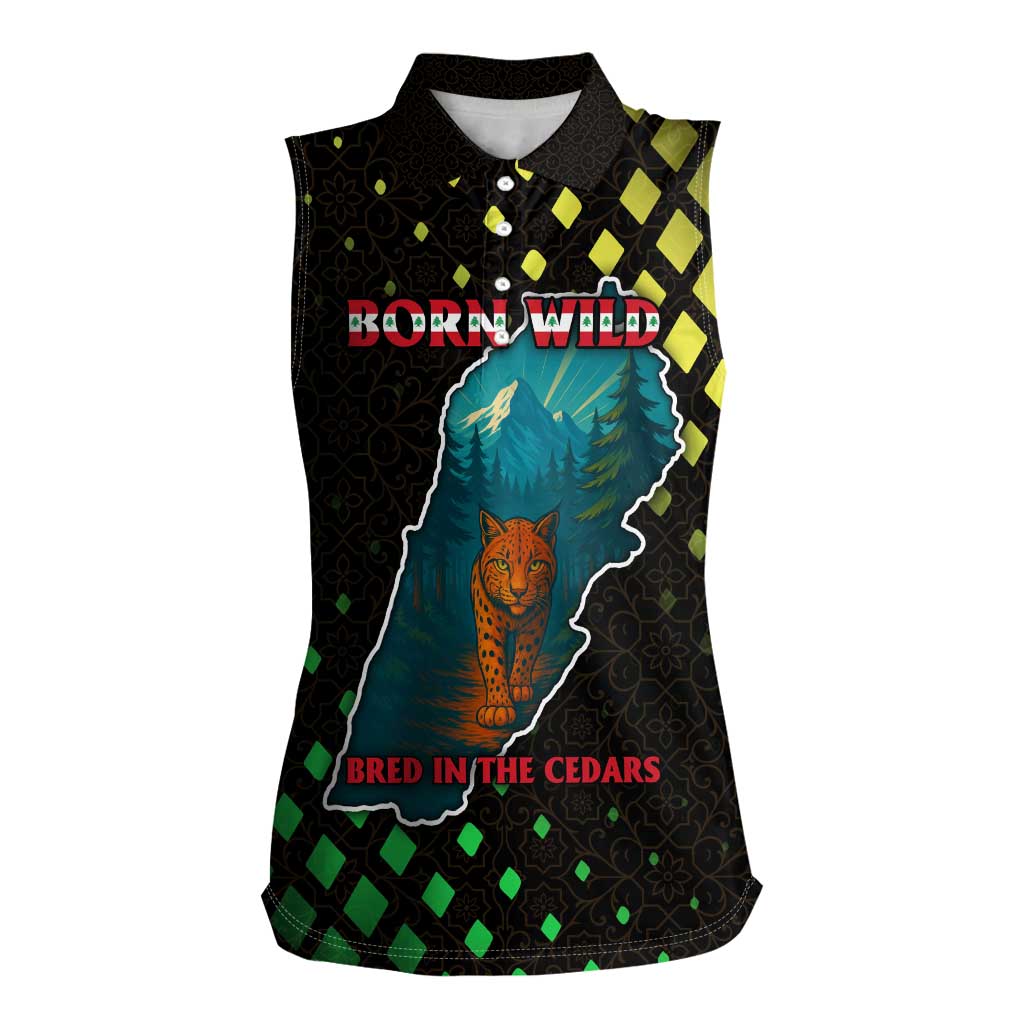 Lebanon Wild Cedar Forest Women Sleeveless Polo Shirt with Leopard and National Map Design