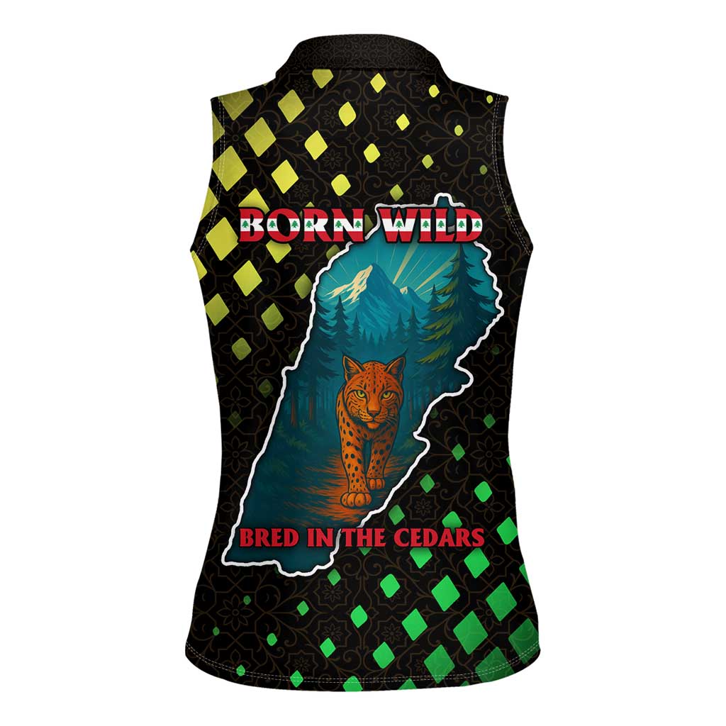 Lebanon Wild Cedar Forest Women Sleeveless Polo Shirt with Leopard and National Map Design