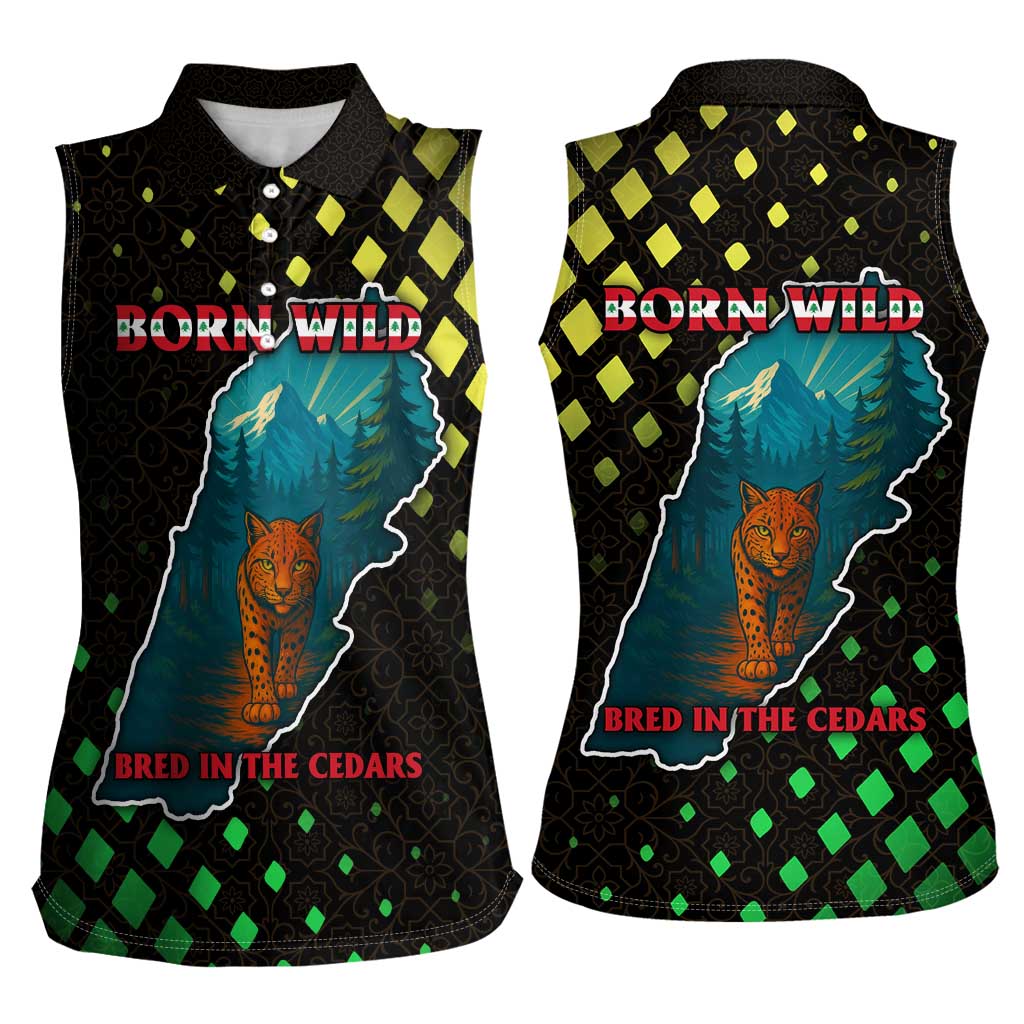 Lebanon Wild Cedar Forest Women Sleeveless Polo Shirt with Leopard and National Map Design