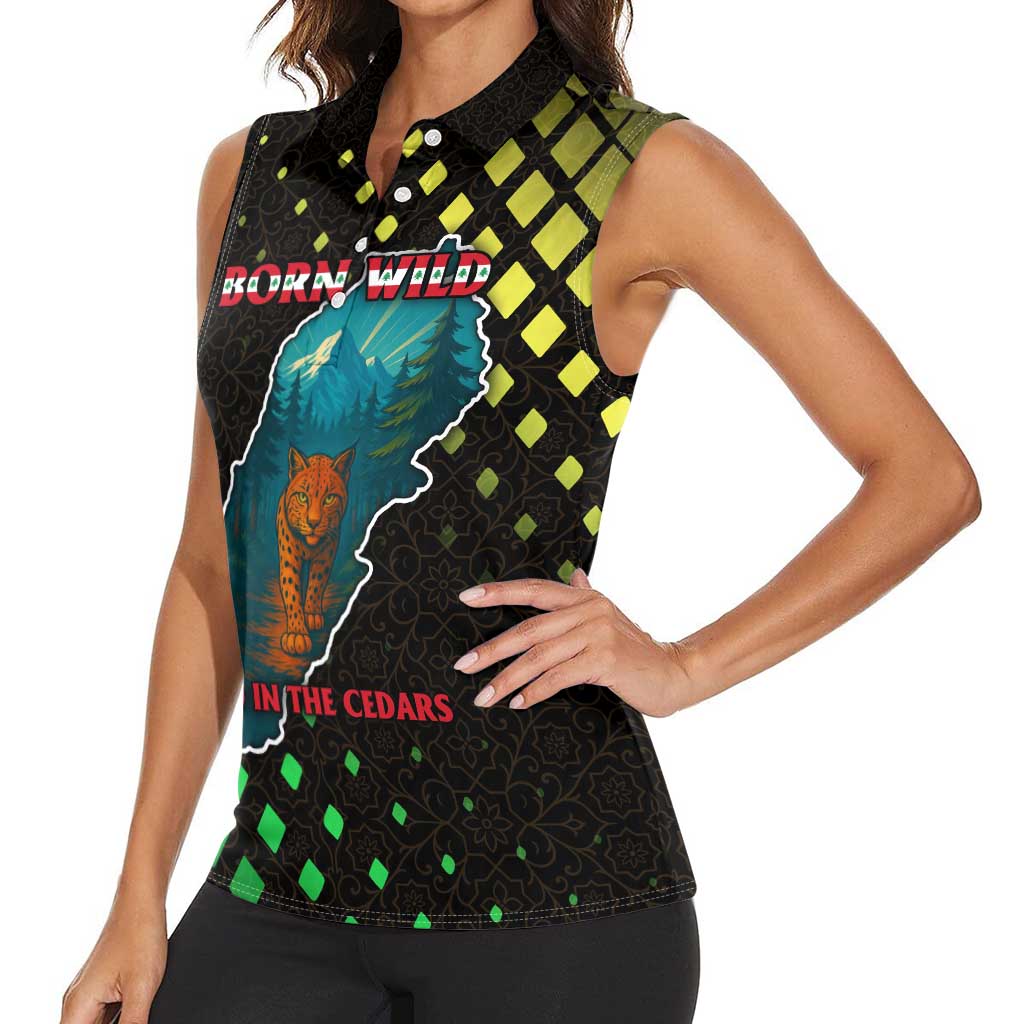 Lebanon Wild Cedar Forest Women Sleeveless Polo Shirt with Leopard and National Map Design