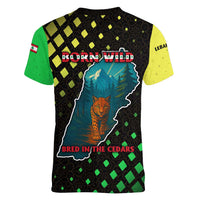 Lebanon Wild Cedar Forest Women V-Neck T-Shirt with Leopard and National Map Design