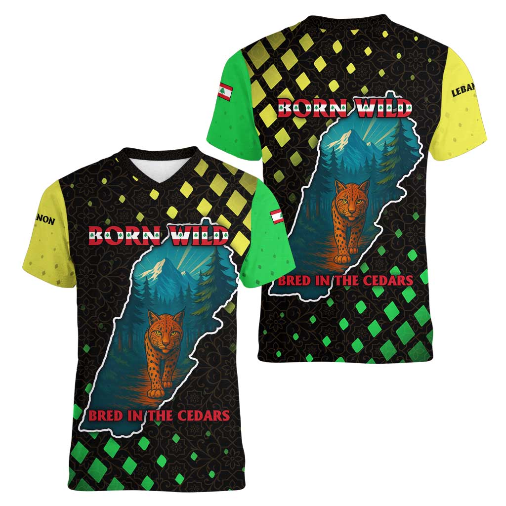 Lebanon Wild Cedar Forest Women V-Neck T-Shirt with Leopard and National Map Design