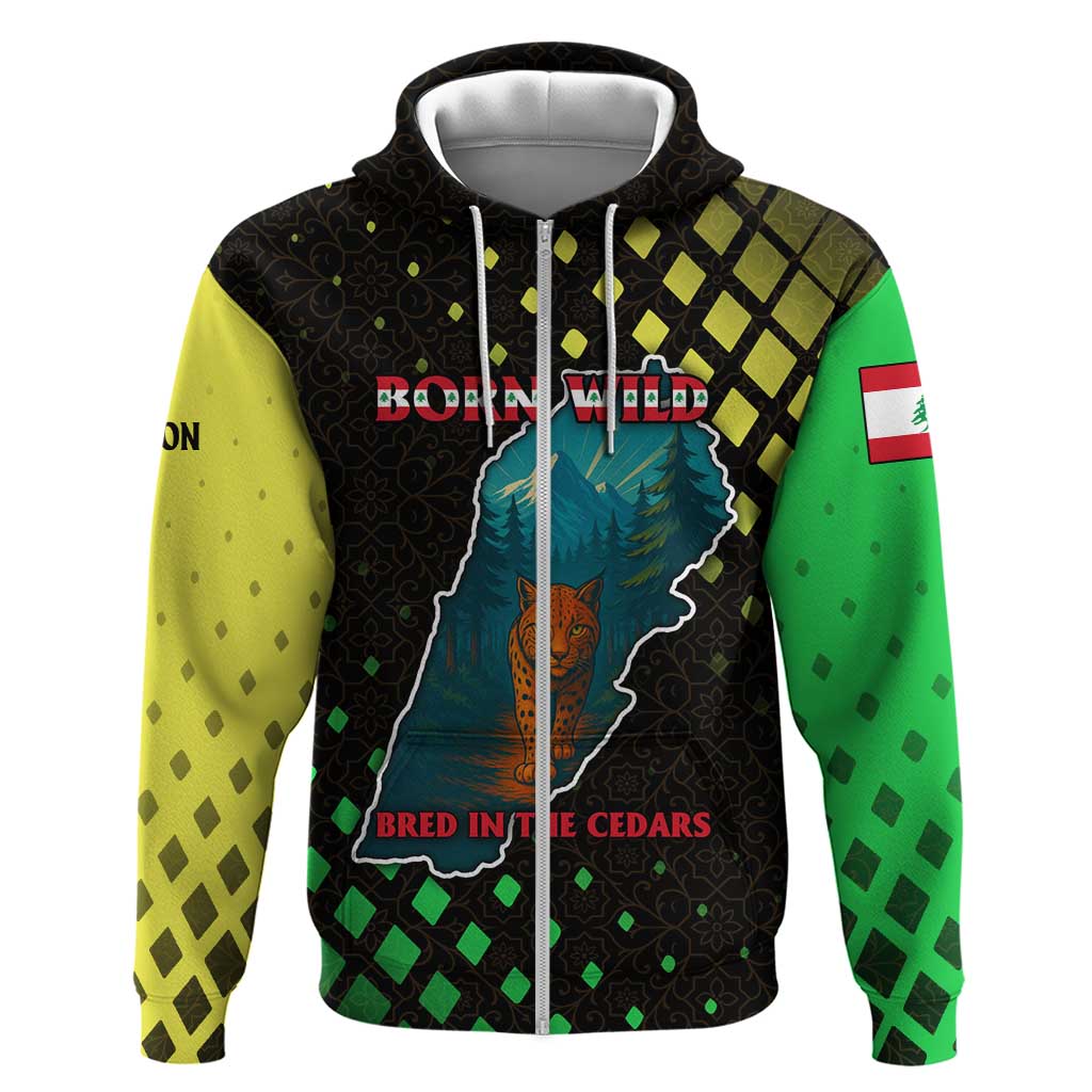 Lebanon Wild Cedar Forest Zip Hoodie with Leopard and National Map Design