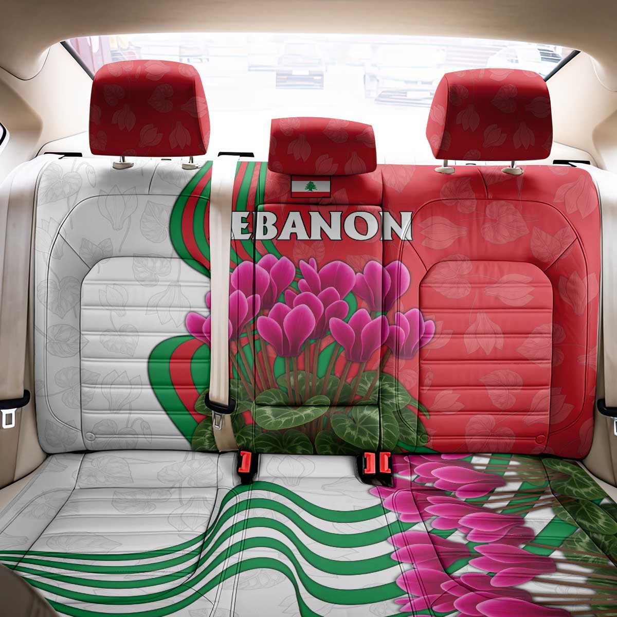 Lebanon Cyclamen Flower Back Car Seat Cover with Patriotic Colors and Inspirational Quote