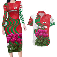 Lebanon Cyclamen Flower Couples Matching Long Sleeve Bodycon Dress and Hawaiian Shirt with Patriotic Colors and Inspirational Quote