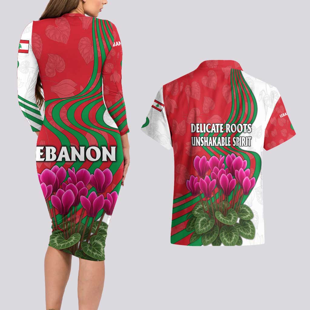 Lebanon Cyclamen Flower Couples Matching Long Sleeve Bodycon Dress and Hawaiian Shirt with Patriotic Colors and Inspirational Quote