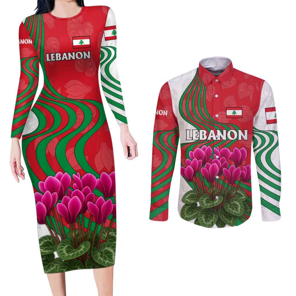 Lebanon Cyclamen Flower Couples Matching Long Sleeve Bodycon Dress and Long Sleeve Button Shirt with Patriotic Colors and Inspirational Quote