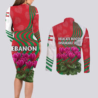 Lebanon Cyclamen Flower Couples Matching Long Sleeve Bodycon Dress and Long Sleeve Button Shirt with Patriotic Colors and Inspirational Quote