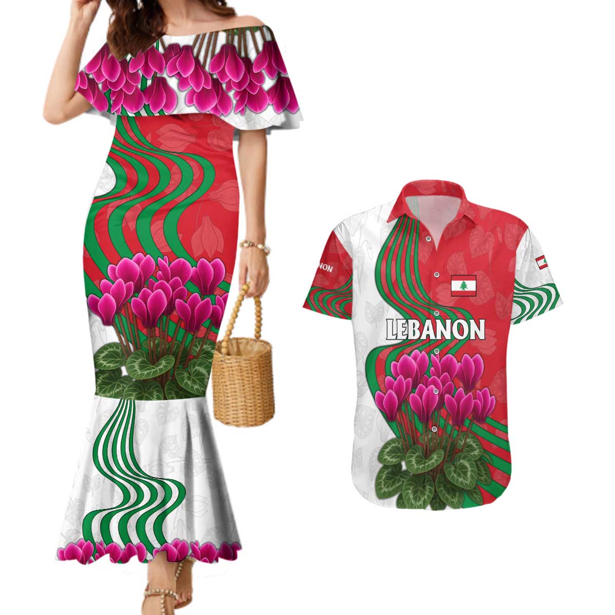 Lebanon Cyclamen Flower Couples Matching Mermaid Dress and Hawaiian Shirt with Patriotic Colors and Inspirational Quote