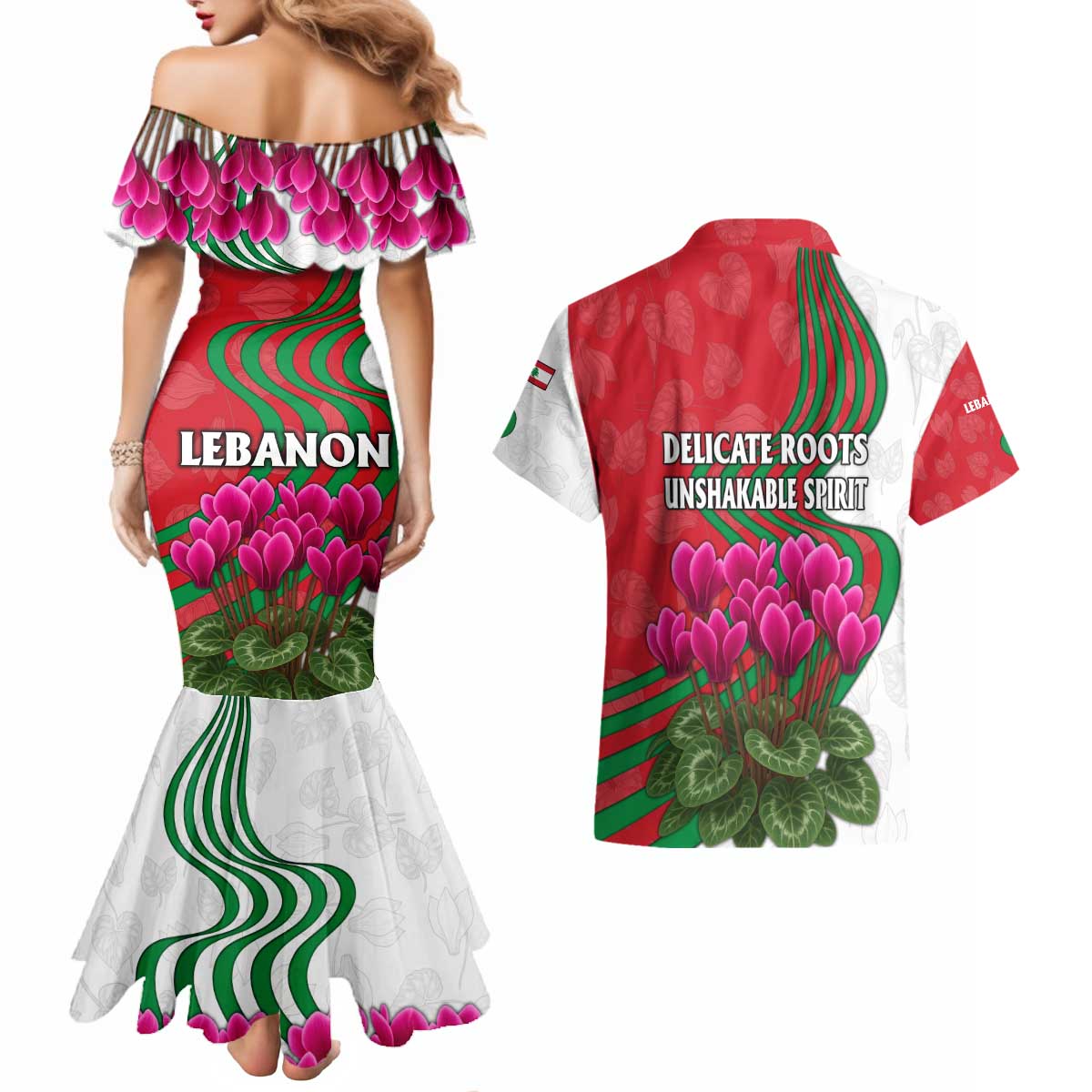 Lebanon Cyclamen Flower Couples Matching Mermaid Dress and Hawaiian Shirt with Patriotic Colors and Inspirational Quote
