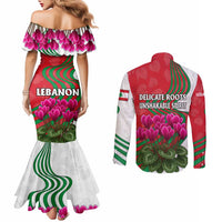 Lebanon Cyclamen Flower Couples Matching Mermaid Dress and Long Sleeve Button Shirt with Patriotic Colors and Inspirational Quote