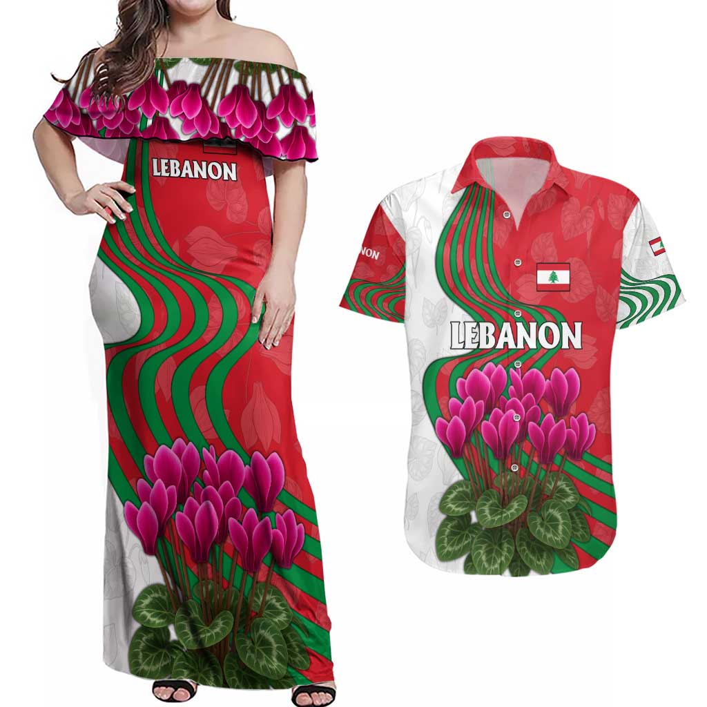Lebanon Cyclamen Flower Couples Matching Off Shoulder Maxi Dress and Hawaiian Shirt with Patriotic Colors and Inspirational Quote