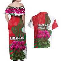 Lebanon Cyclamen Flower Couples Matching Off Shoulder Maxi Dress and Hawaiian Shirt with Patriotic Colors and Inspirational Quote
