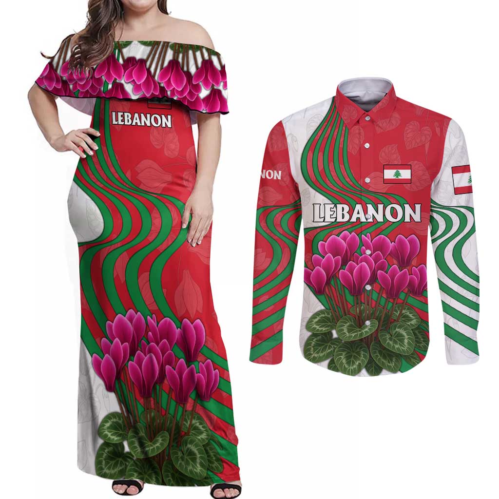Lebanon Cyclamen Flower Couples Matching Off Shoulder Maxi Dress and Long Sleeve Button Shirt with Patriotic Colors and Inspirational Quote