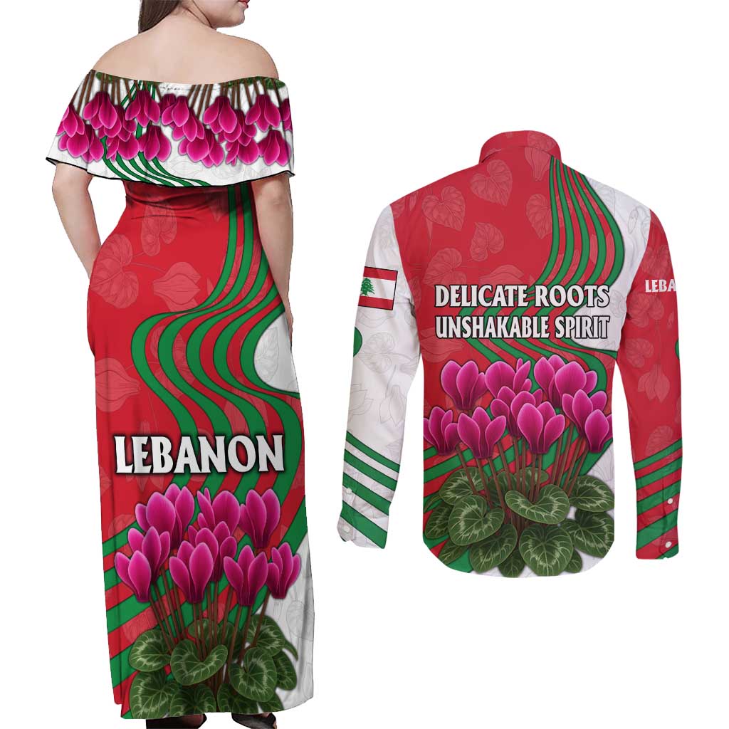 Lebanon Cyclamen Flower Couples Matching Off Shoulder Maxi Dress and Long Sleeve Button Shirt with Patriotic Colors and Inspirational Quote