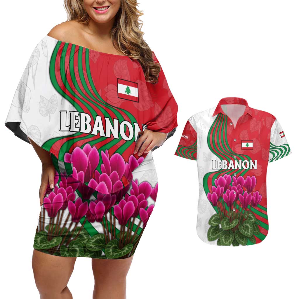 Lebanon Cyclamen Flower Couples Matching Off Shoulder Short Dress and Hawaiian Shirt with Patriotic Colors and Inspirational Quote