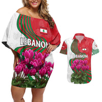 Lebanon Cyclamen Flower Couples Matching Off Shoulder Short Dress and Hawaiian Shirt with Patriotic Colors and Inspirational Quote