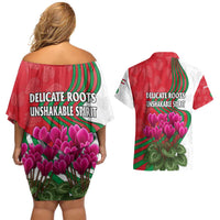 Lebanon Cyclamen Flower Couples Matching Off Shoulder Short Dress and Hawaiian Shirt with Patriotic Colors and Inspirational Quote