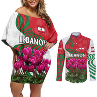 Lebanon Cyclamen Flower Couples Matching Off Shoulder Short Dress and Long Sleeve Button Shirt with Patriotic Colors and Inspirational Quote
