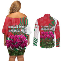 Lebanon Cyclamen Flower Couples Matching Off Shoulder Short Dress and Long Sleeve Button Shirt with Patriotic Colors and Inspirational Quote