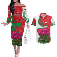 Lebanon Cyclamen Flower Couples Matching Off The Shoulder Long Sleeve Dress and Hawaiian Shirt with Patriotic Colors and Inspirational Quote