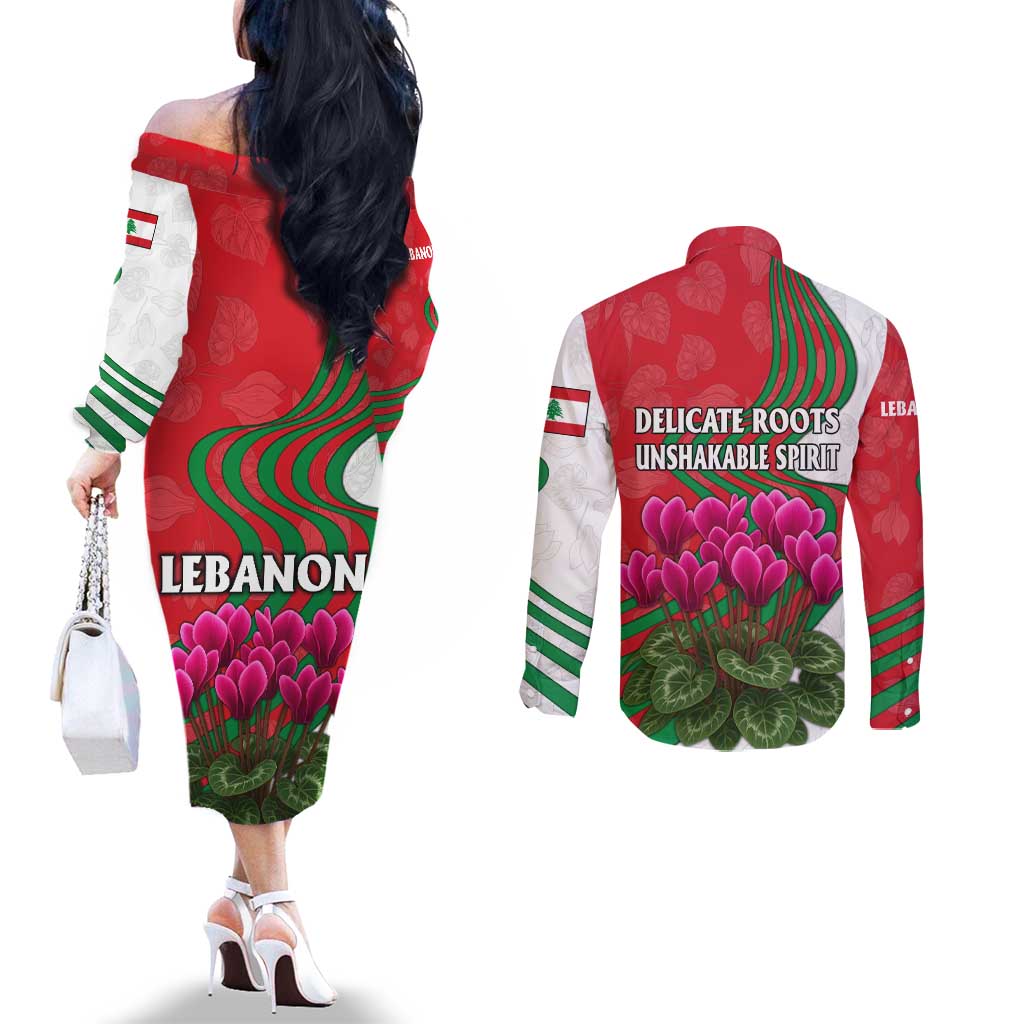 Lebanon Cyclamen Flower Couples Matching Off The Shoulder Long Sleeve Dress and Long Sleeve Button Shirt with Patriotic Colors and Inspirational Quote