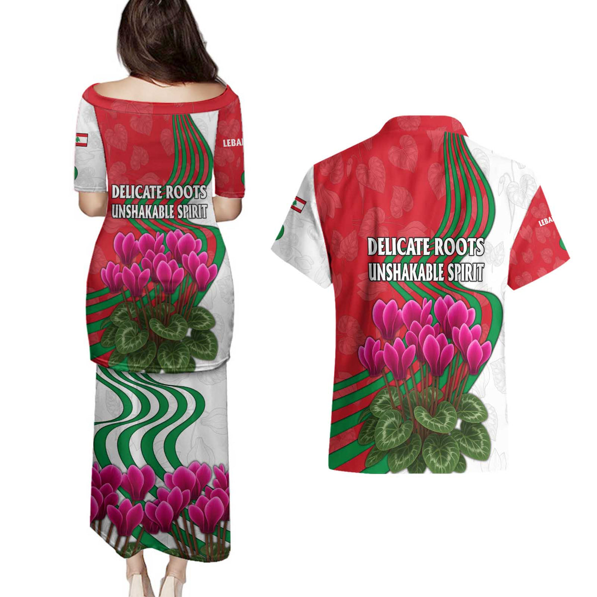 Lebanon Cyclamen Flower Couples Matching Puletasi and Hawaiian Shirt with Patriotic Colors and Inspirational Quote