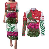 Lebanon Cyclamen Flower Couples Matching Puletasi and Long Sleeve Button Shirt with Patriotic Colors and Inspirational Quote