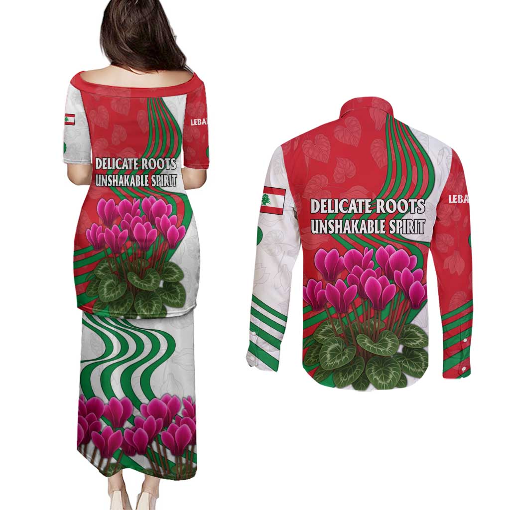 Lebanon Cyclamen Flower Couples Matching Puletasi and Long Sleeve Button Shirt with Patriotic Colors and Inspirational Quote