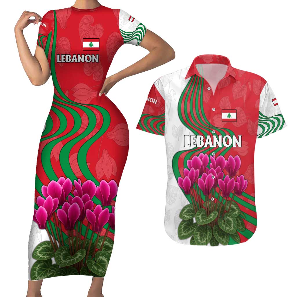 Lebanon Cyclamen Flower Couples Matching Short Sleeve Bodycon Dress and Hawaiian Shirt with Patriotic Colors and Inspirational Quote