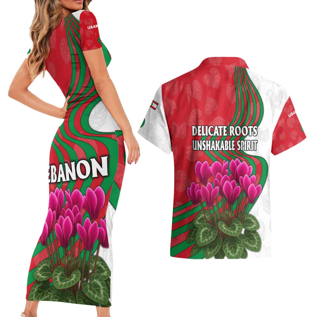 Lebanon Cyclamen Flower Couples Matching Short Sleeve Bodycon Dress and Hawaiian Shirt with Patriotic Colors and Inspirational Quote