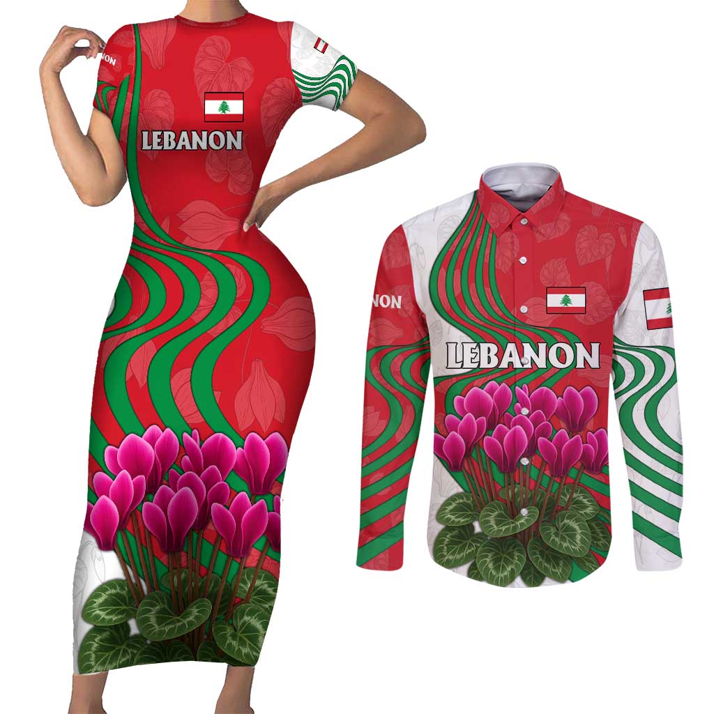 Lebanon Cyclamen Flower Couples Matching Short Sleeve Bodycon Dress and Long Sleeve Button Shirt with Patriotic Colors and Inspirational Quote