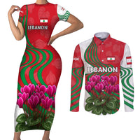 Lebanon Cyclamen Flower Couples Matching Short Sleeve Bodycon Dress and Long Sleeve Button Shirt with Patriotic Colors and Inspirational Quote