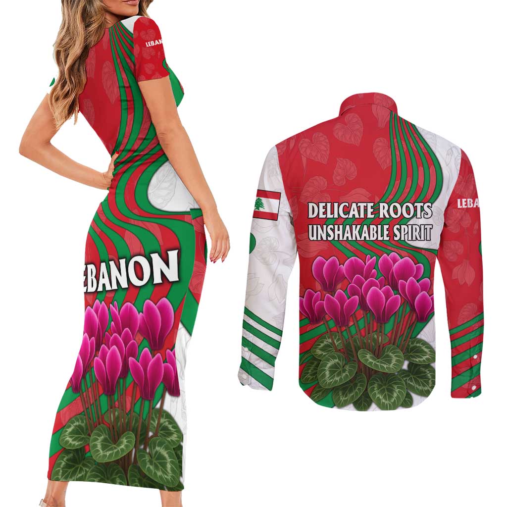 Lebanon Cyclamen Flower Couples Matching Short Sleeve Bodycon Dress and Long Sleeve Button Shirt with Patriotic Colors and Inspirational Quote