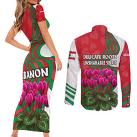 Lebanon Cyclamen Flower Couples Matching Short Sleeve Bodycon Dress and Long Sleeve Button Shirt with Patriotic Colors and Inspirational Quote