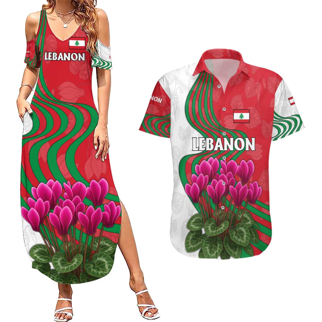 Lebanon Cyclamen Flower Couples Matching Summer Maxi Dress and Hawaiian Shirt with Patriotic Colors and Inspirational Quote