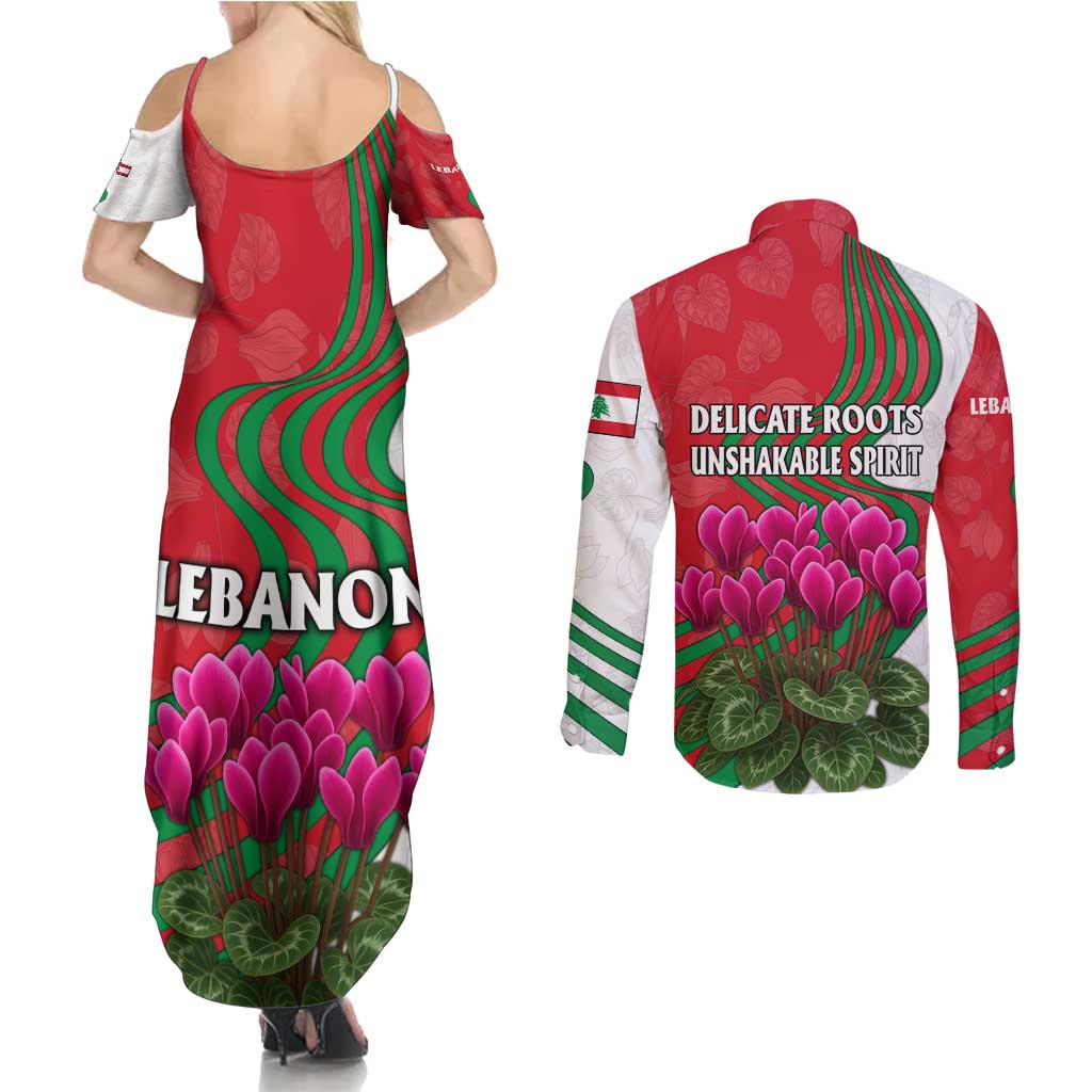 Lebanon Cyclamen Flower Couples Matching Summer Maxi Dress and Long Sleeve Button Shirt with Patriotic Colors and Inspirational Quote