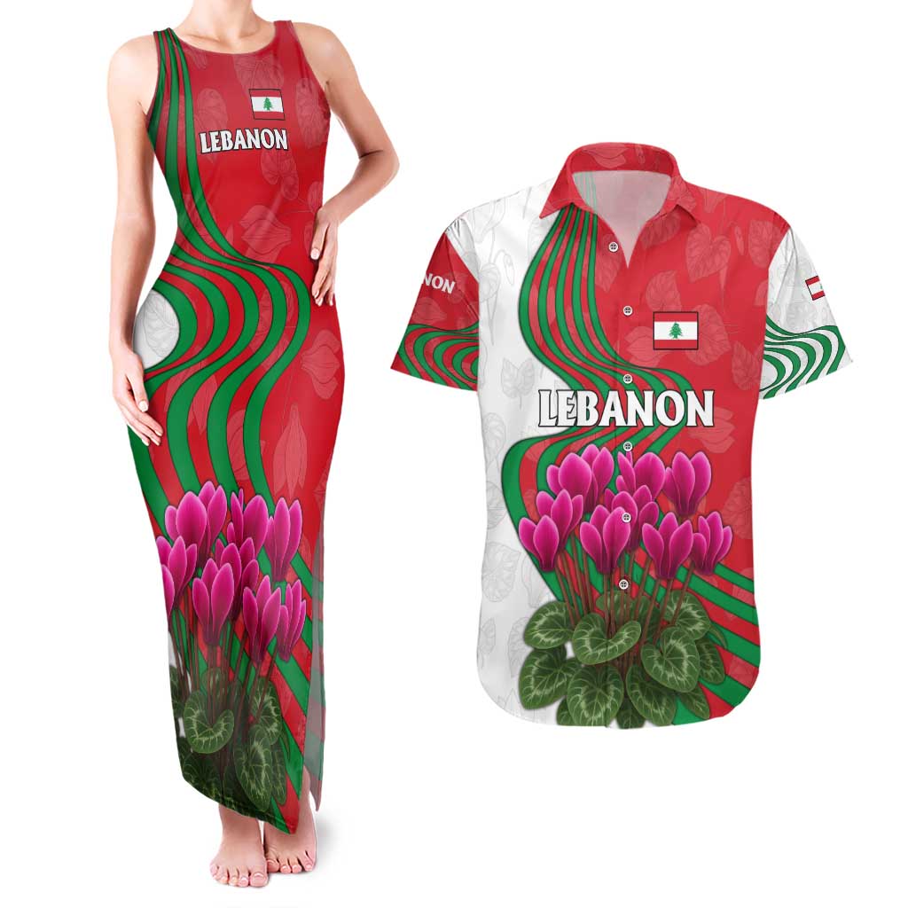 Lebanon Cyclamen Flower Couples Matching Tank Maxi Dress and Hawaiian Shirt with Patriotic Colors and Inspirational Quote