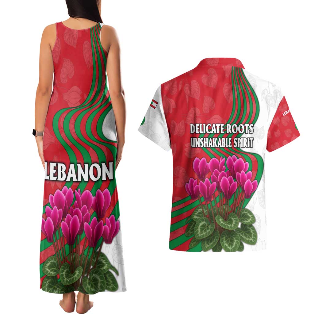 Lebanon Cyclamen Flower Couples Matching Tank Maxi Dress and Hawaiian Shirt with Patriotic Colors and Inspirational Quote