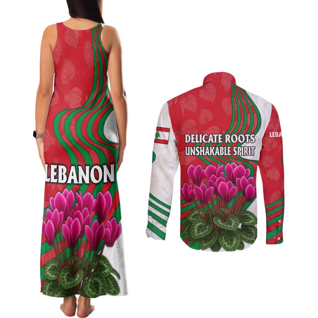 Lebanon Cyclamen Flower Couples Matching Tank Maxi Dress and Long Sleeve Button Shirt with Patriotic Colors and Inspirational Quote